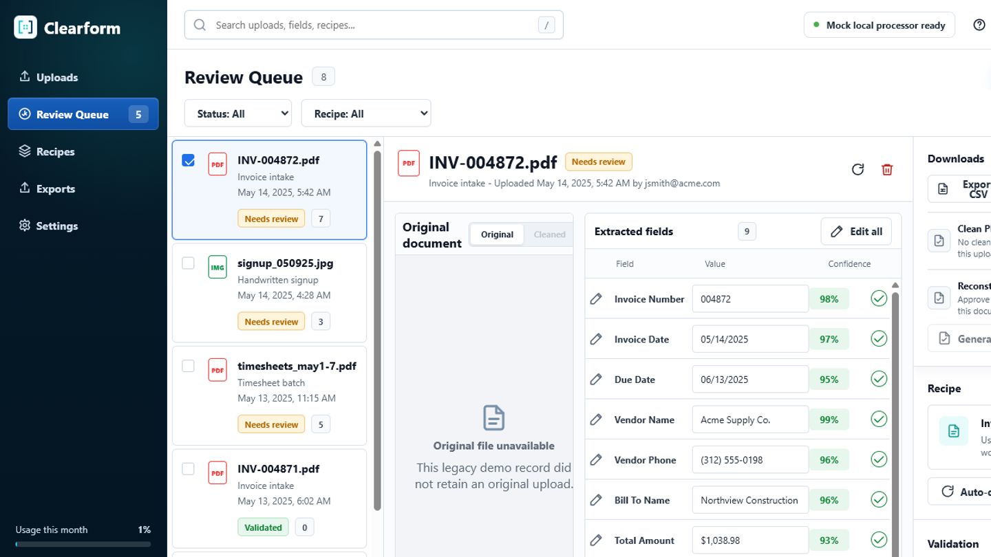 Clearform review workspace showing an uploaded PDF, extracted fields, validation checks, and export controls.